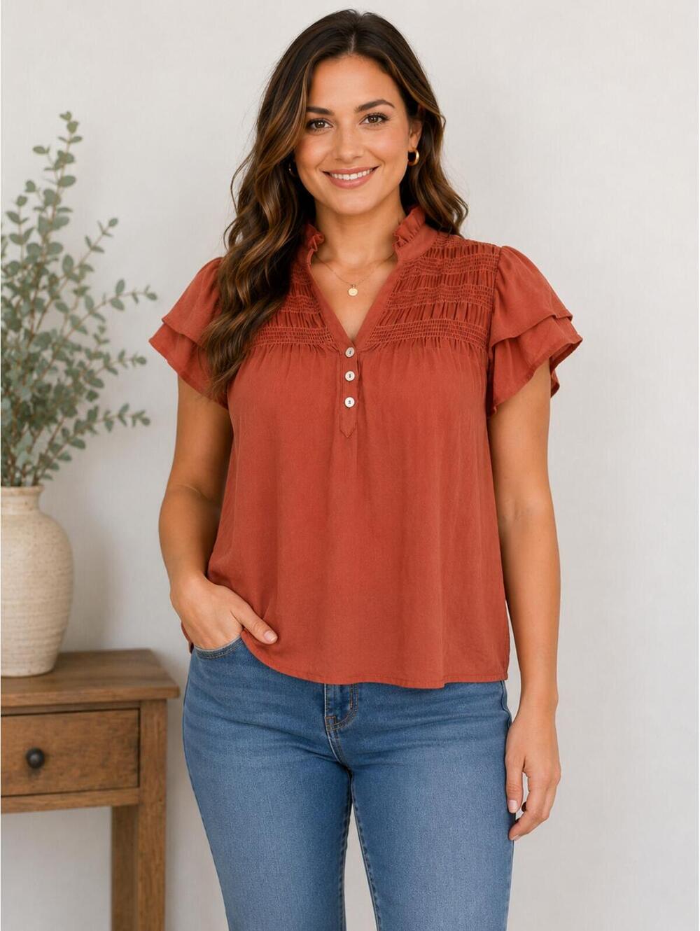 Cottagecore Rust Ruffle Blouse • Boho Prairie Top • Romantic Earth Tone Shirt M